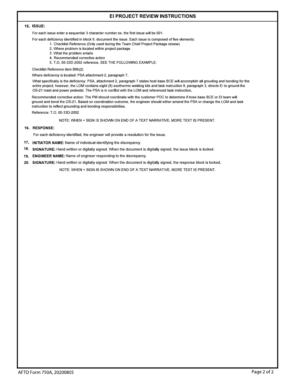 AFTO Form 750A Ei Project Review and Modification Continuation, Page 2