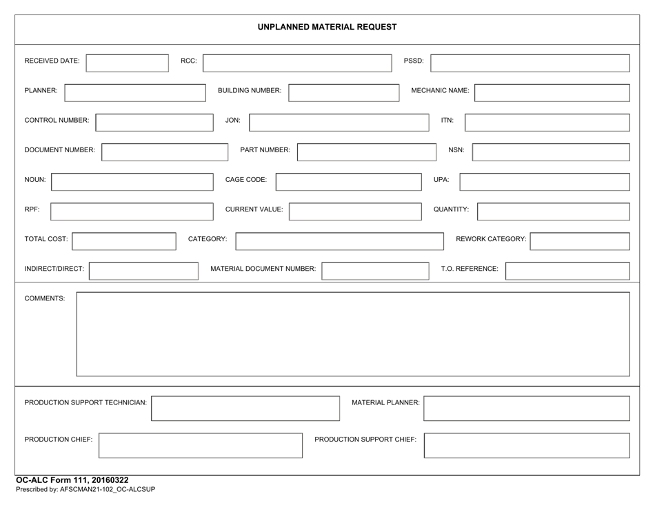 OC-ALC Form 111 Unplanned Material Request, Page 1