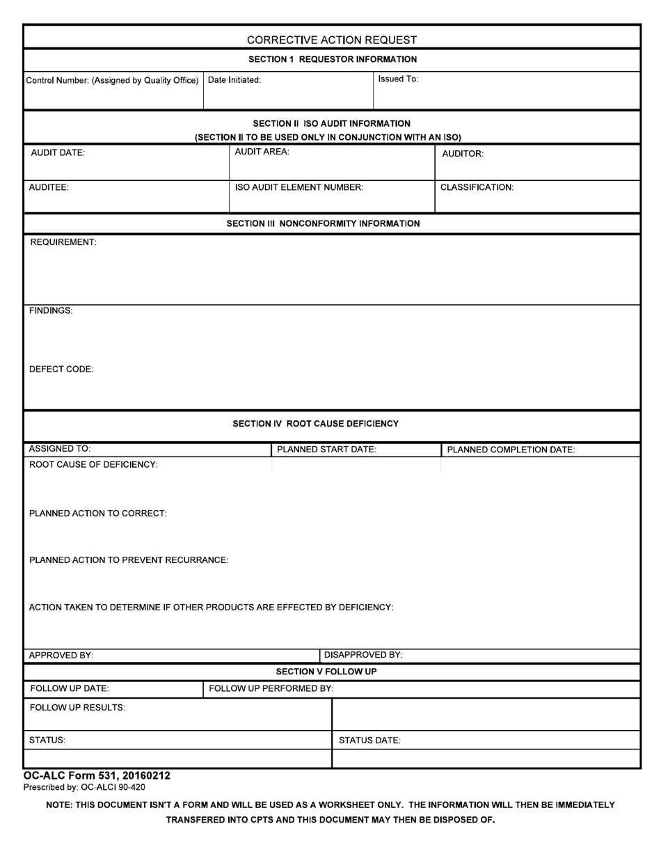 OC-ALC Form 531 Corrective Action Request, Page 1