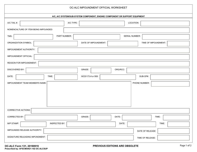 OC-ALC Form 131 Oc-Alc Impoundment Official Worksheet