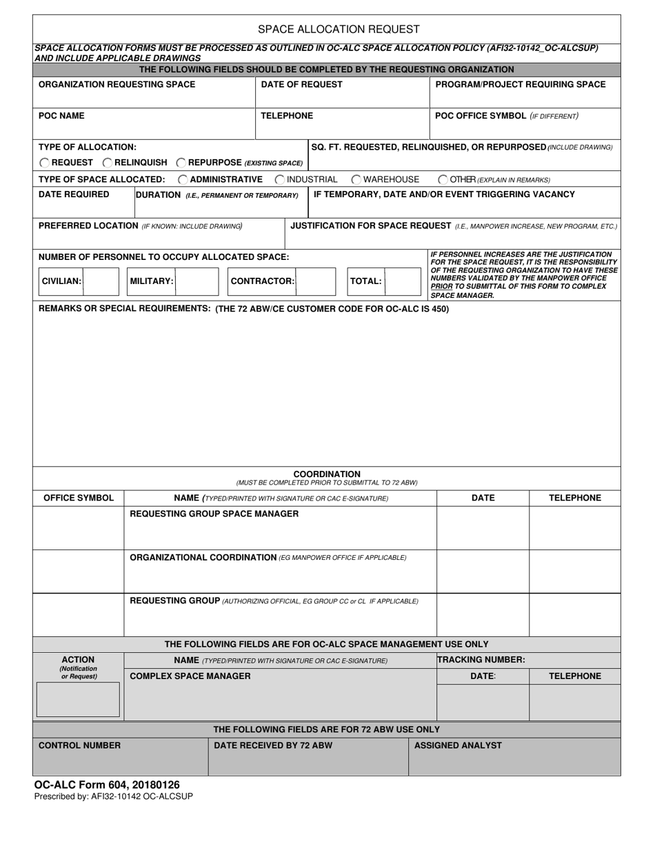 OC-ALC Form 604 Space Allocation Request, Page 1