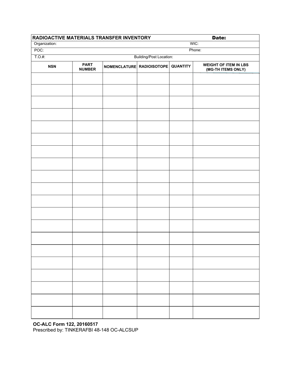 OC-ALC Form 122 Radioactive Materials Transfer Inventory, Page 1