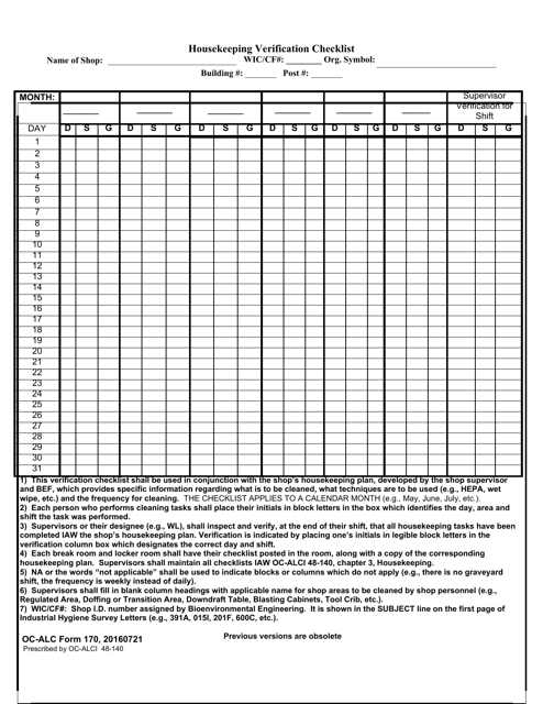 OC-ALC Form 170 Housekeeping Verification Checklist