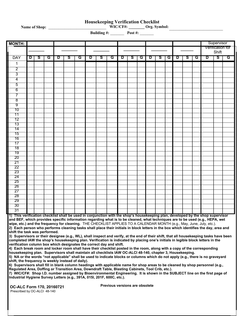 OC-ALC Form 170 Housekeeping Verification Checklist, Page 1