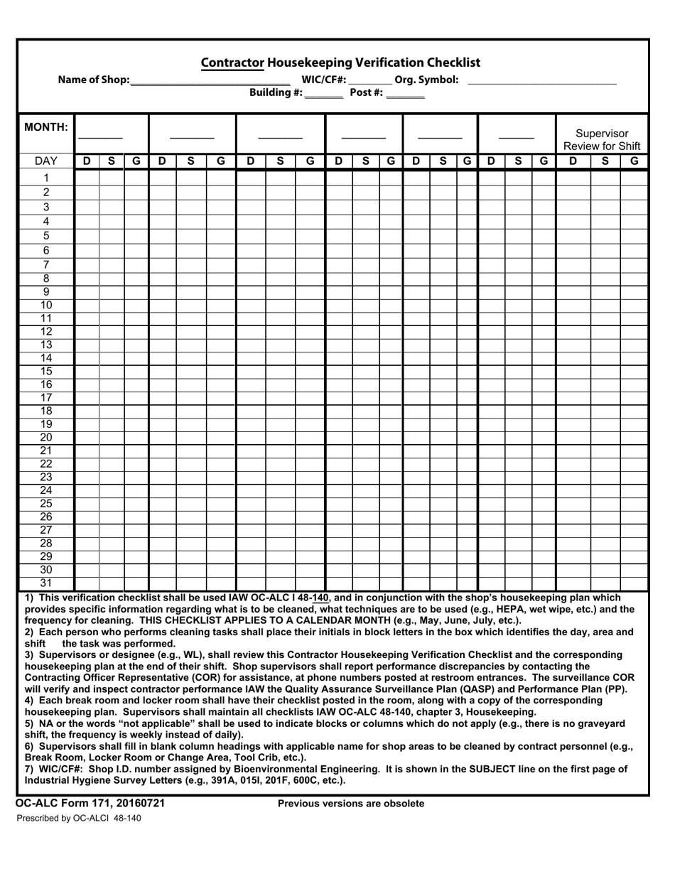 OC-ALC Form 171 Contractor Housekeeping Verification Checklist, Page 1