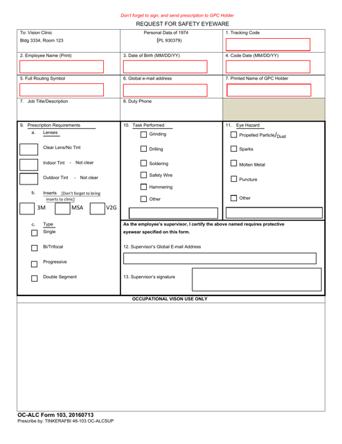 OC-ALC Form 103 Request for Safety Eyeware
