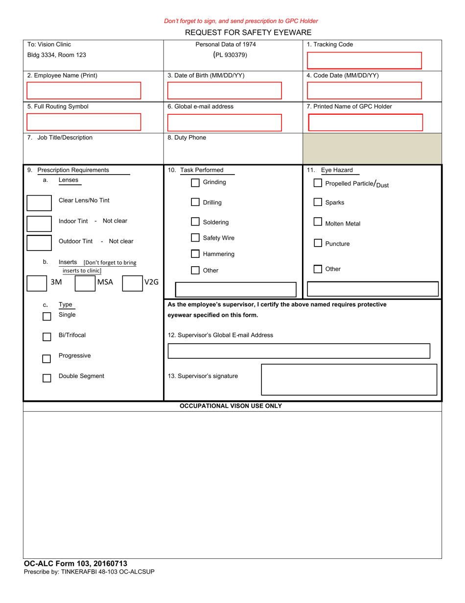 OC-ALC Form 103 Request for Safety Eyeware, Page 1