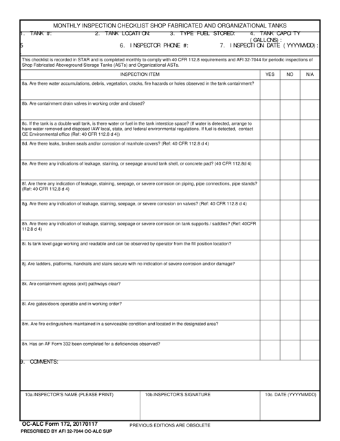 OC-ALC Form 172 Monthly Inspection Checklist Shop Fabricated and Organizational Tanks