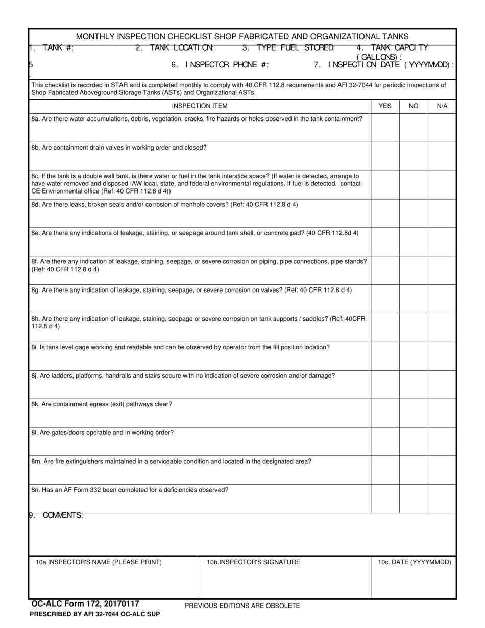 OC-ALC Form 172 Monthly Inspection Checklist Shop Fabricated and Organizational Tanks, Page 1