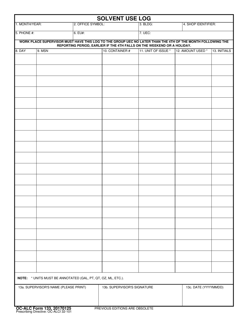 OC-ALC Form 133 Solvent Use Log, Page 1