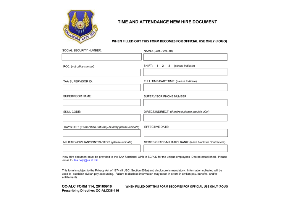 OC-ALC Form 114 Time and Attendance New Hire Document, Page 1