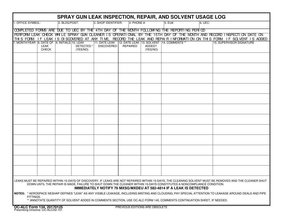 OC-ALC Form 134 Spray Gun Leak Inspection, Repair, and Solvent Usage Log, Page 1