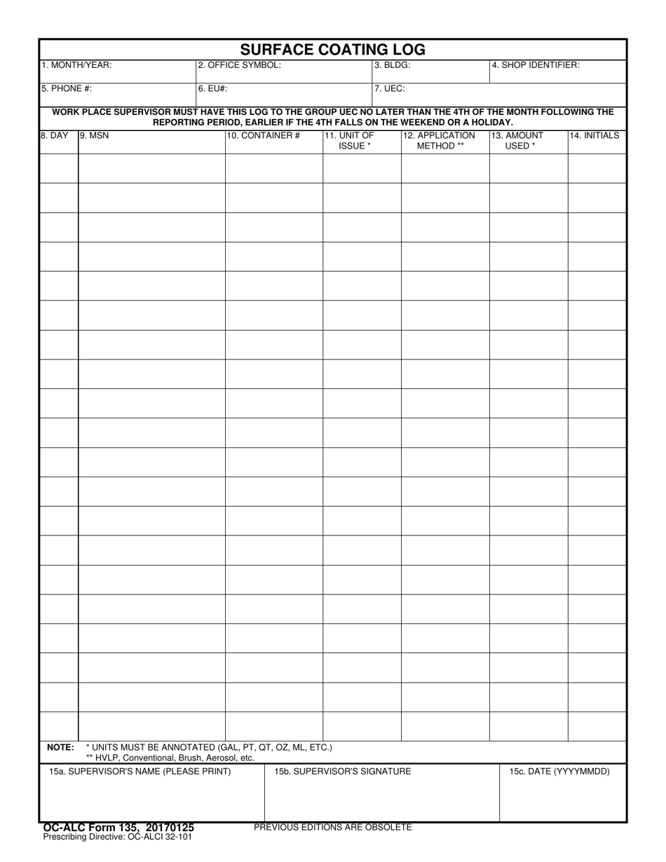 OC-ALC Form 135 Surface Coating Log, Page 1