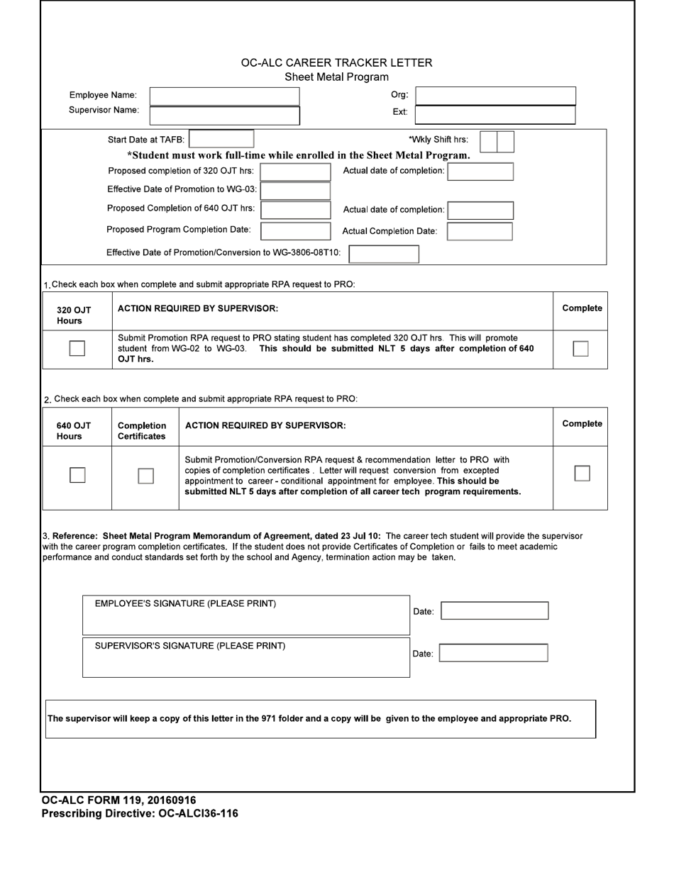 OC-ALC Form 119 Oc-Alc Career Tracker Letter Sheet Metal Program, Page 1