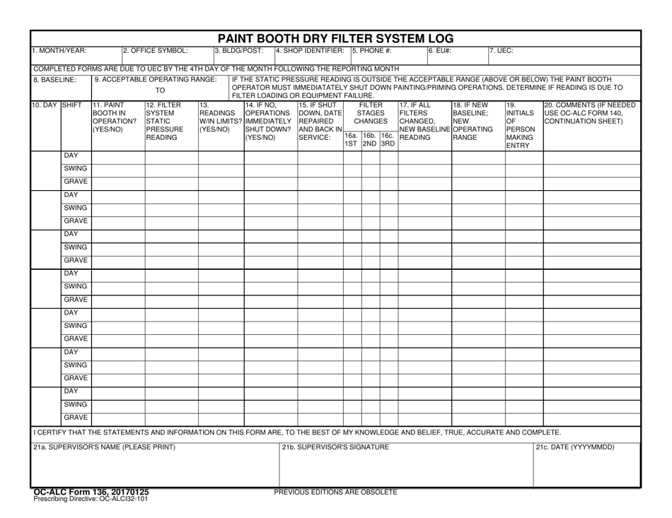 OC-ALC Form 136 Paint Booth Dry Filter System Log, Page 1