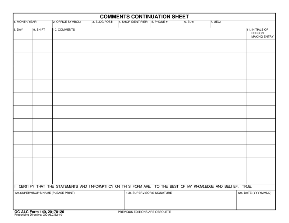 OC-ALC Form 140 Comments Continuation Sheet, Page 1