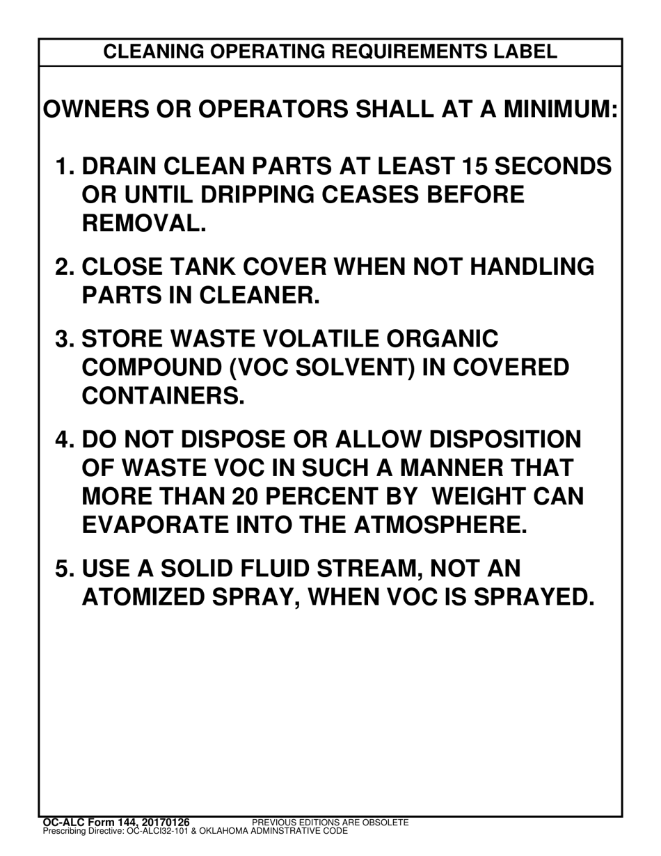 OC-ALC Form 144 Cleaning Operating Requirements Label, Page 1