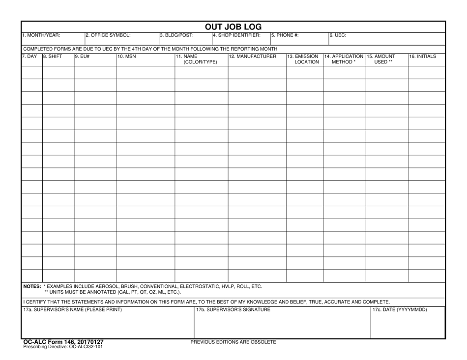 OC-ALC Form 146 Out Job Log, Page 1