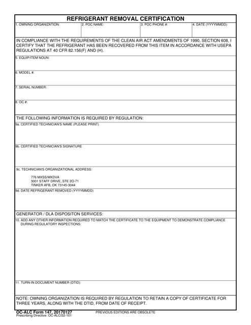 OC-ALC Form 147 Refrigerant Removal Certification