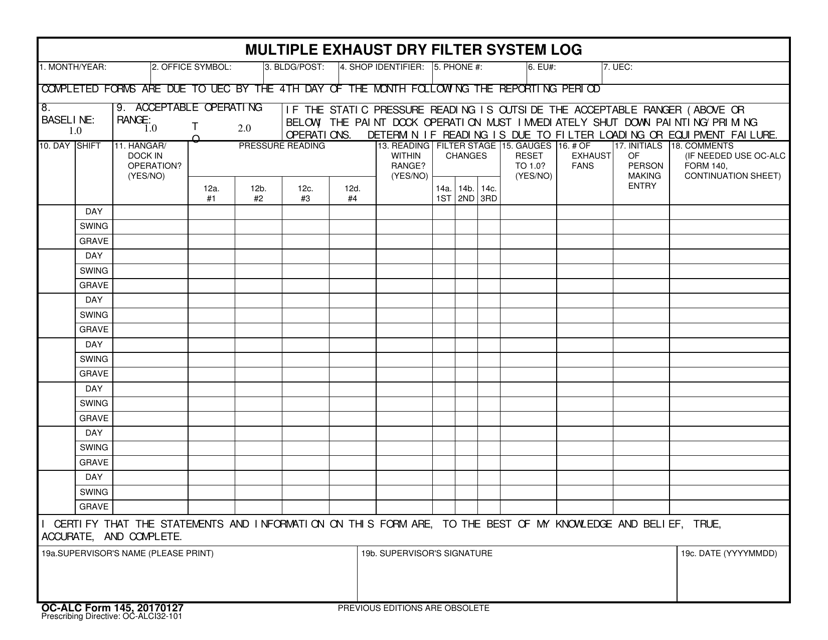 OC-ALC Form 145 Multiple Exhaust Dry Filter System Log