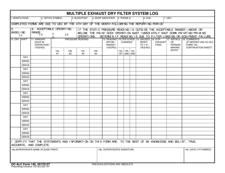 OC-ALC Form 145 Multiple Exhaust Dry Filter System Log, Page 1