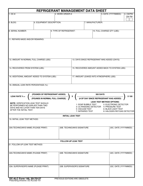OC-ALC Form 148 Refrigerant Management Data Sheet