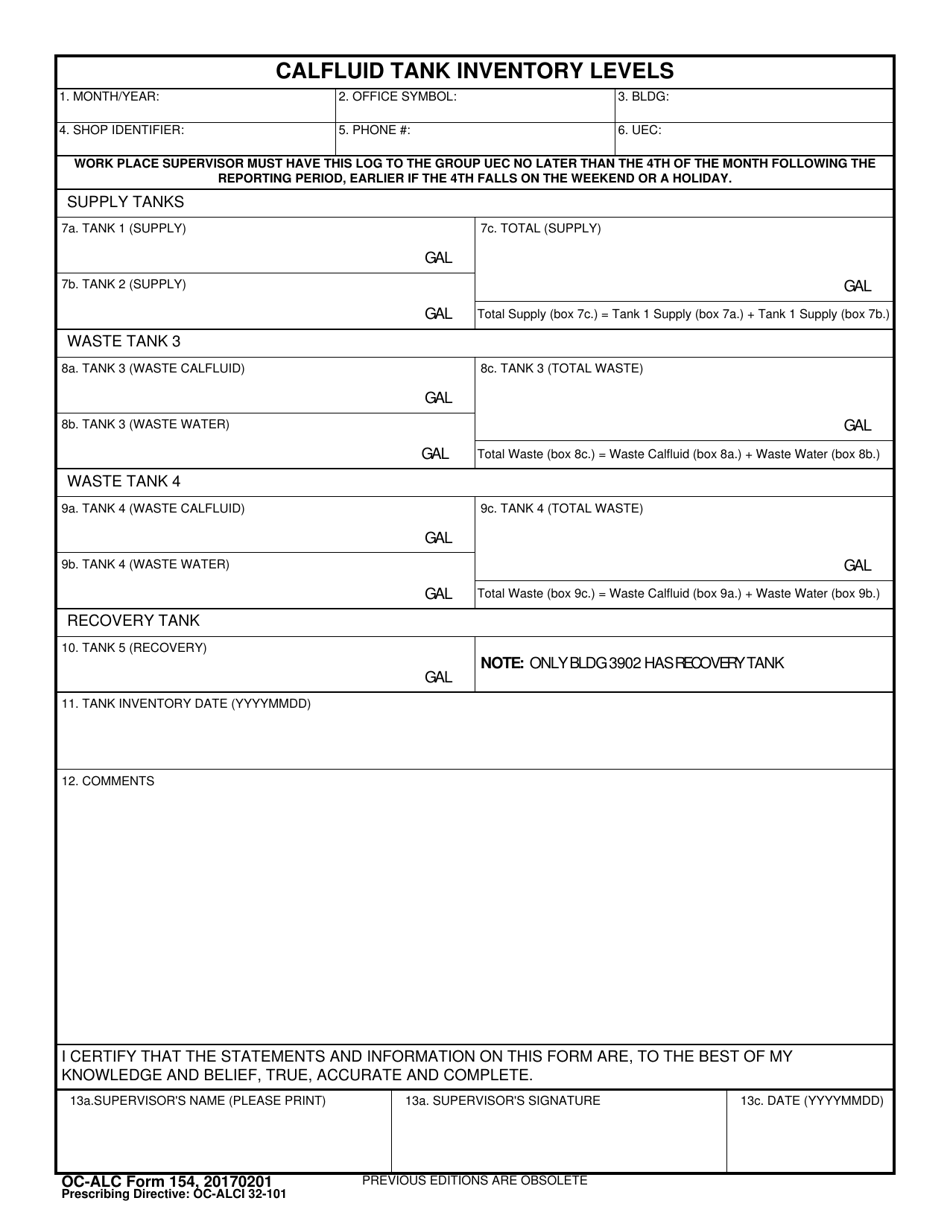 OC-ALC Form 154 Calfluid Tank Inventory Levels, Page 1