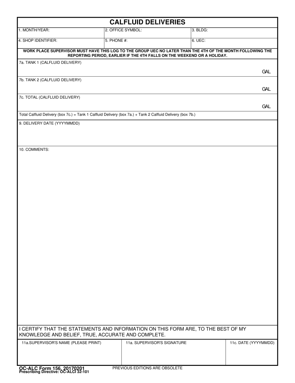 OC-ALC Form 156 Calfluid Deliveries, Page 1