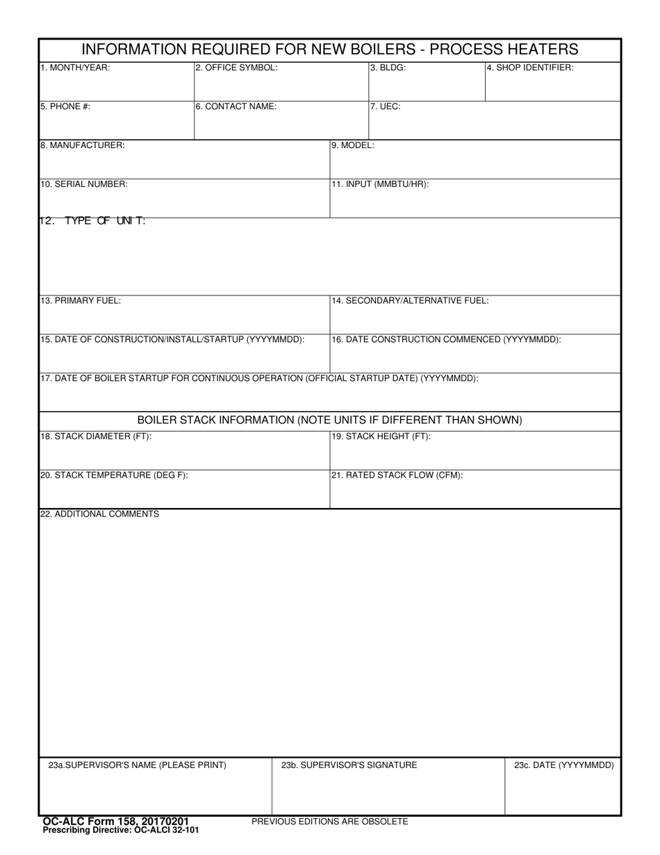 OC-ALC Form 158 Information Required for New Boilers - Process Heaters, Page 1