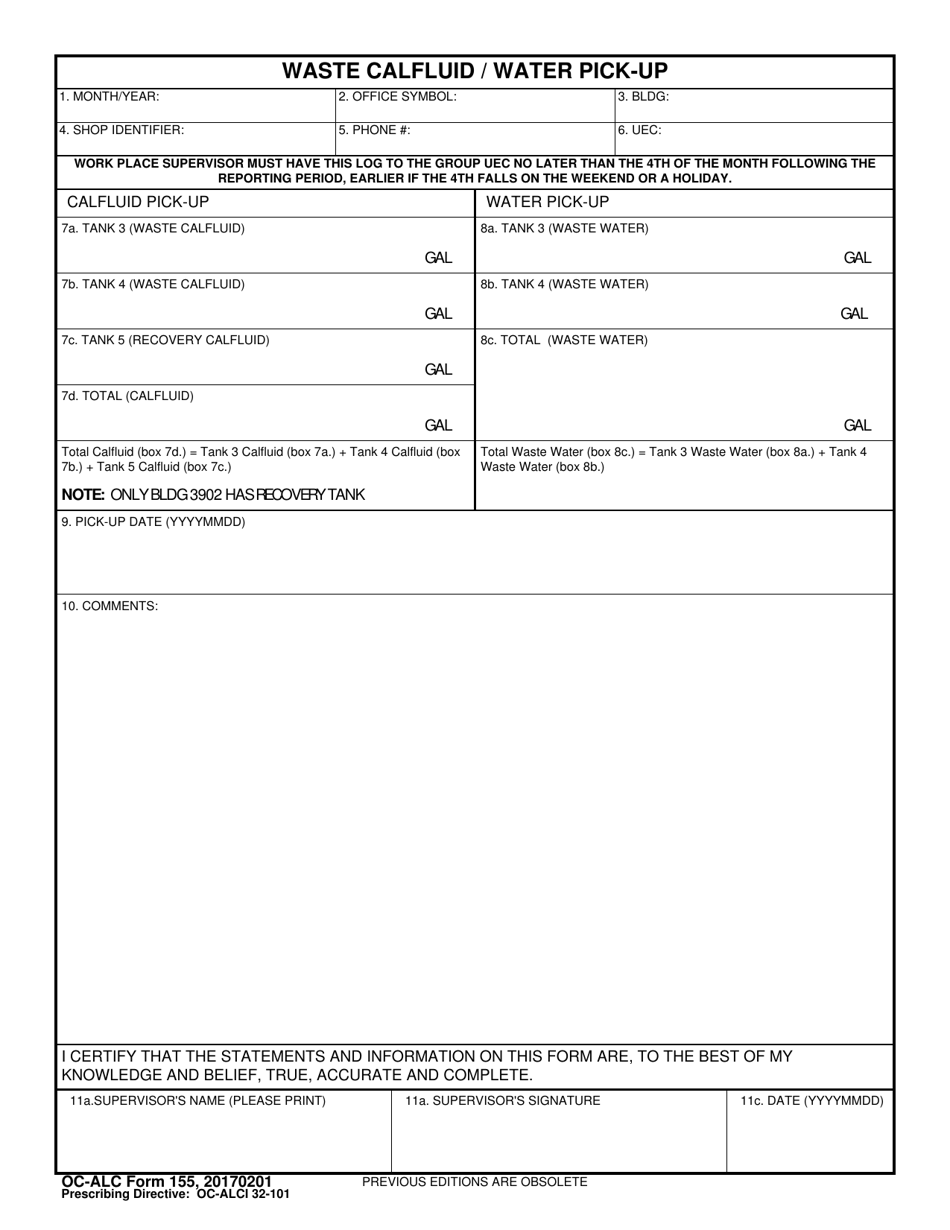 OC-ALC Form 155 Waste Calfluid / Water Pick-Up, Page 1