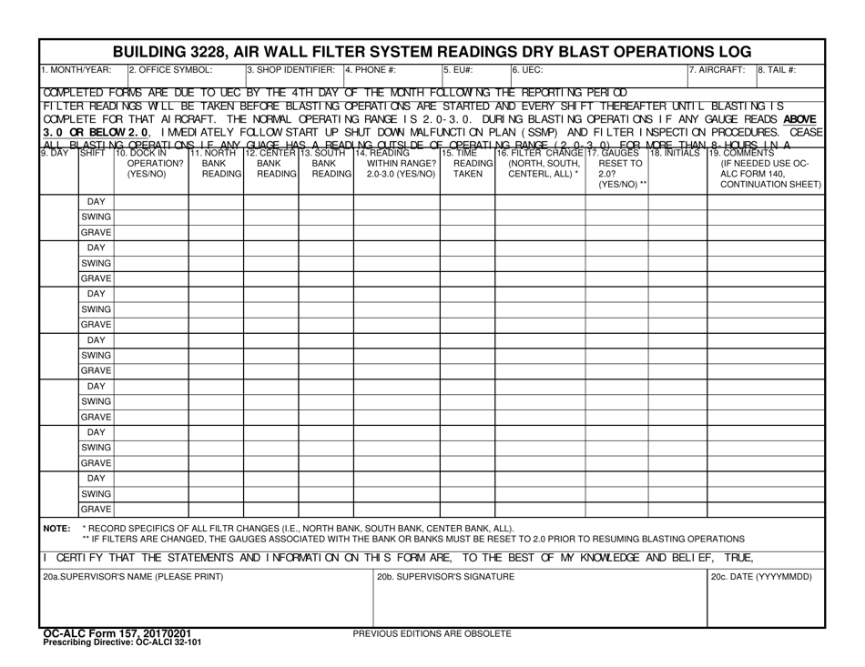 OC-ALC Form 157 Building 3228, Air Wall Filter System Readings Dry Blast Operations Log, Page 1