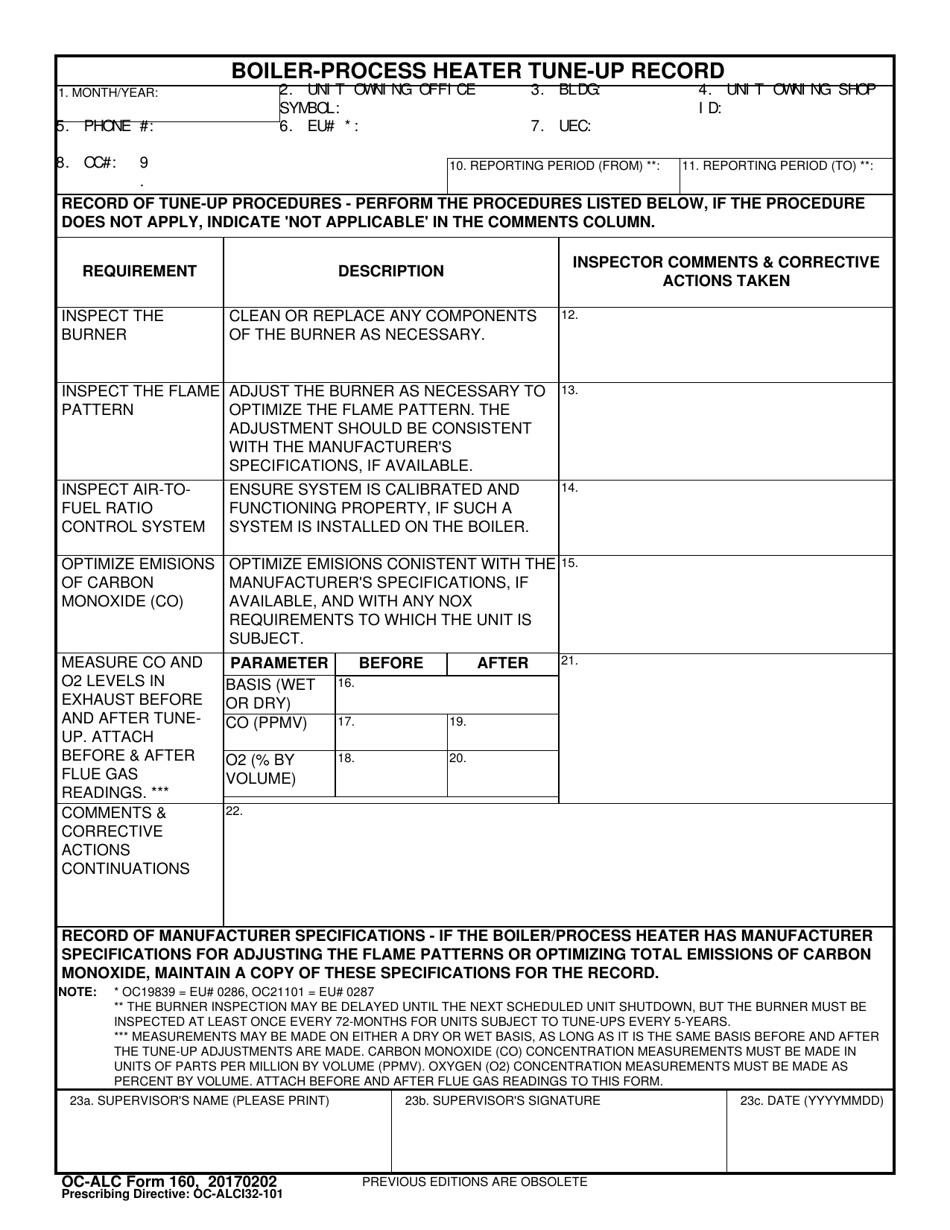 OC-ALC Form 160 Boiler-Process Heater Tune-Up Record, Page 1