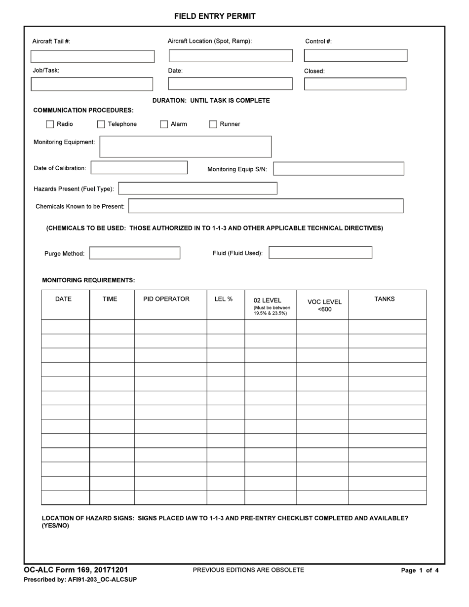 OC-ALC Form 169 Field Entry Permit, Page 1