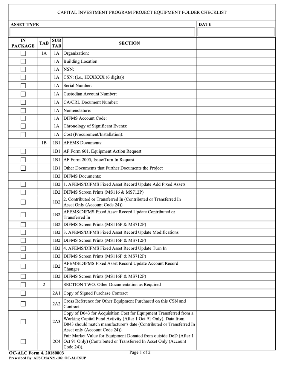OC-ALC Form 4 Capital Investment Program Project Equipment Folder Checklist, Page 1
