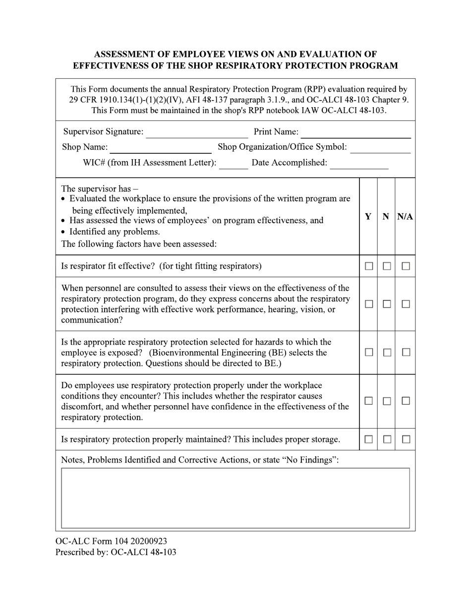 OC-ALC Form 104 Assessment of Employee Views on and Evaluation of Effectiveness of the Shop Respiratory Protection Program, Page 1