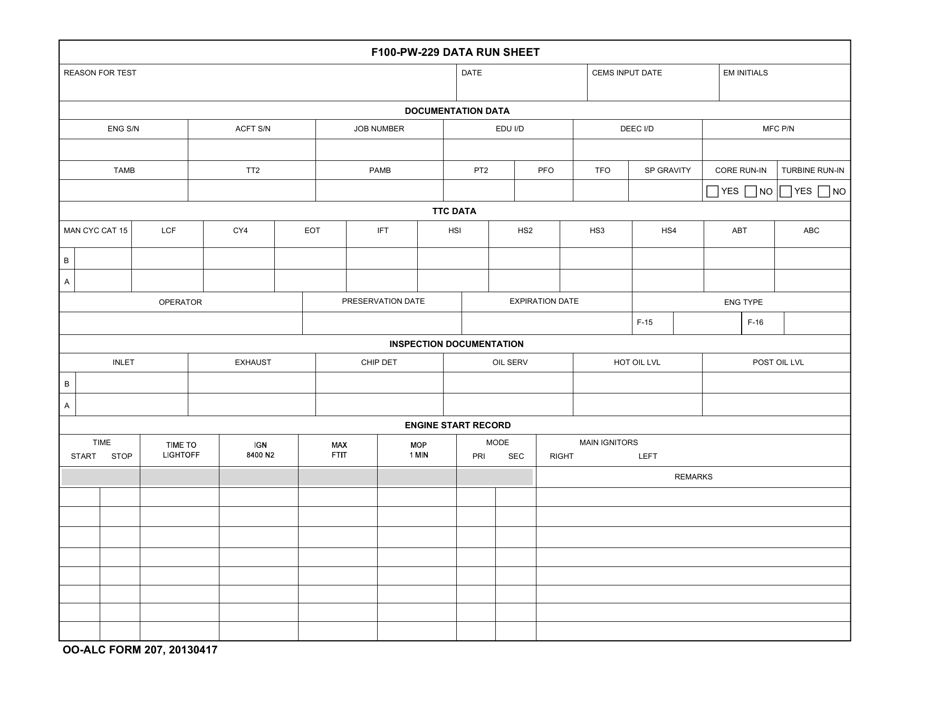 OO-ALC Form 207 F100-pw-229 Data Run Sheet, Page 1