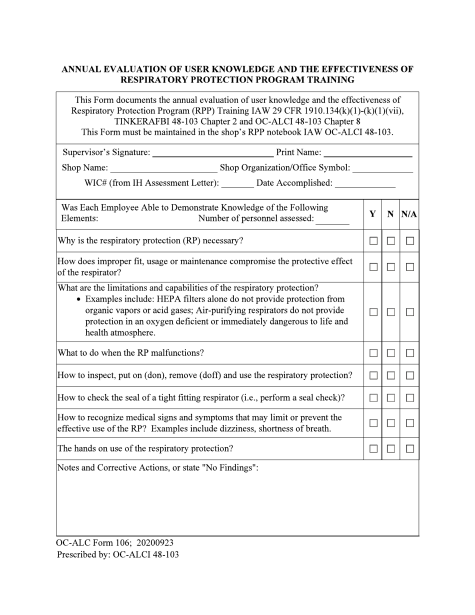 OC-ALC Form 106 Annual Evaluation of User Knowledge and the Effectiveness of Respiratory Protection Program Training, Page 1