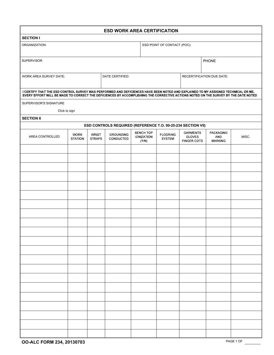 OO-ALC Form 234 Esd Work Area Certification, Page 1