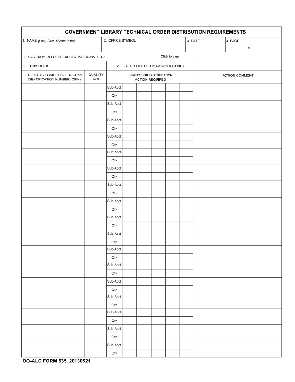 OO-ALC Form 535 Government Library Technical Order Distribution Requirements, Page 1