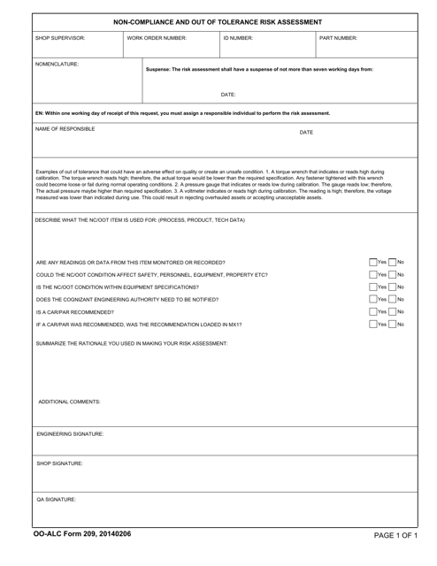 OO-ALC Form 209 Non-compliance and out of Tolerance Risk Assessment