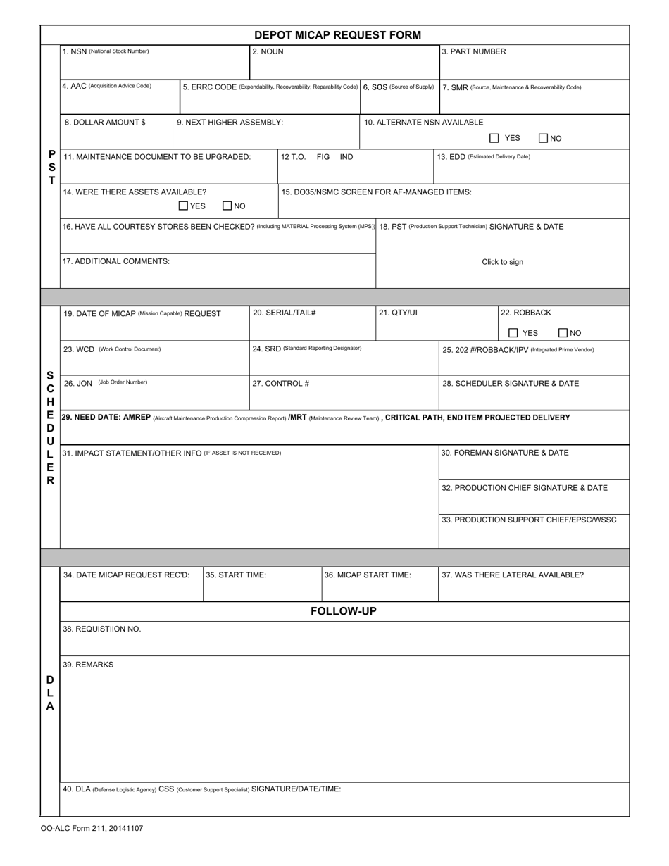 OO-ALC Form 211 Depot Micap Request Form, Page 1