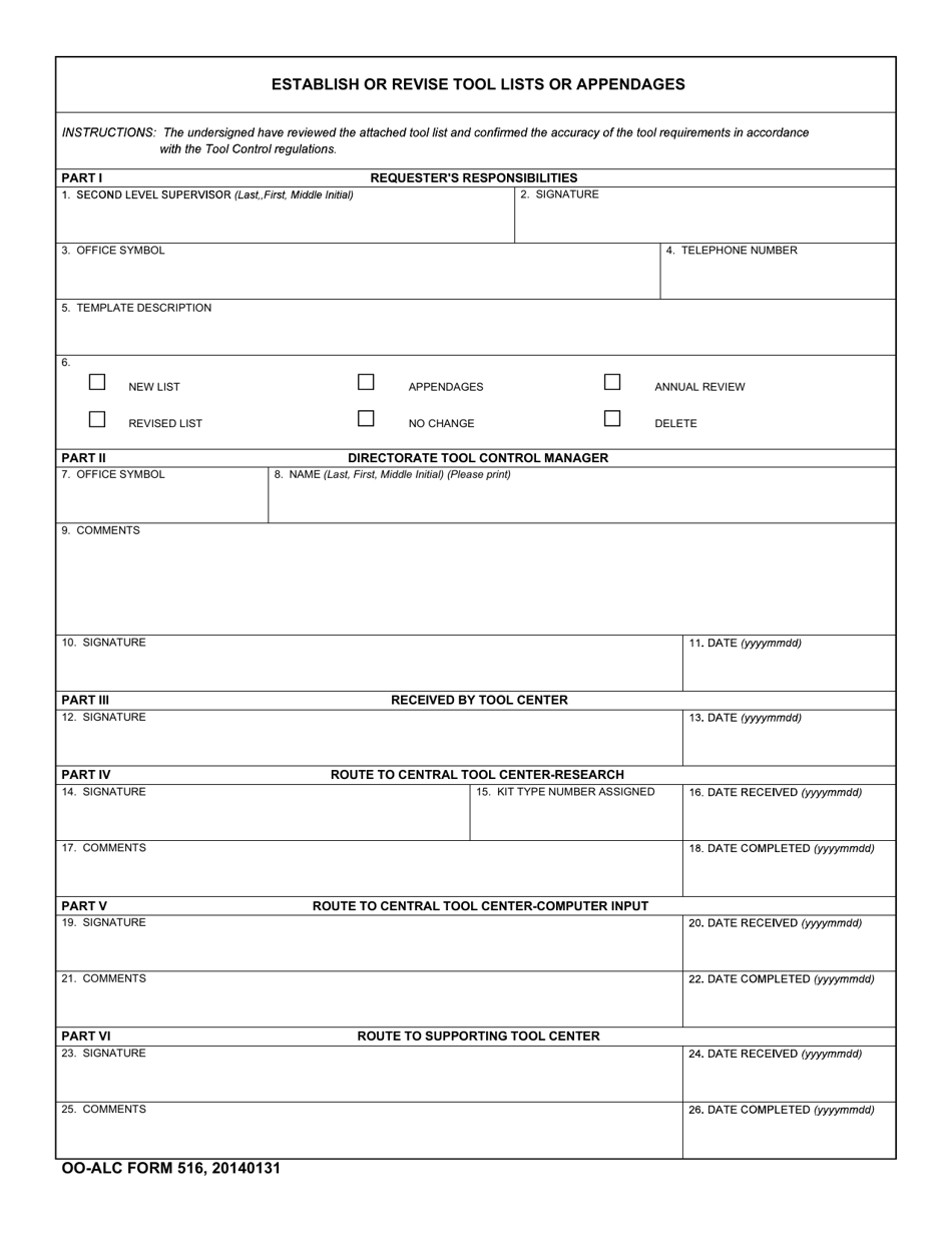 OO-ALC Form 516 Establish or Revise Tool Lists or Appendages, Page 1