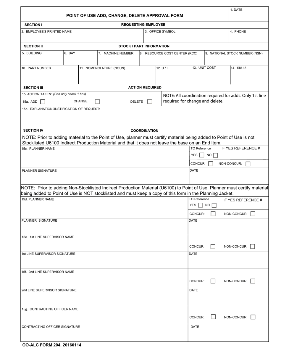 OO-ALC Form 204 Point of Use Add, Change, Delete Approval Form, Page 1