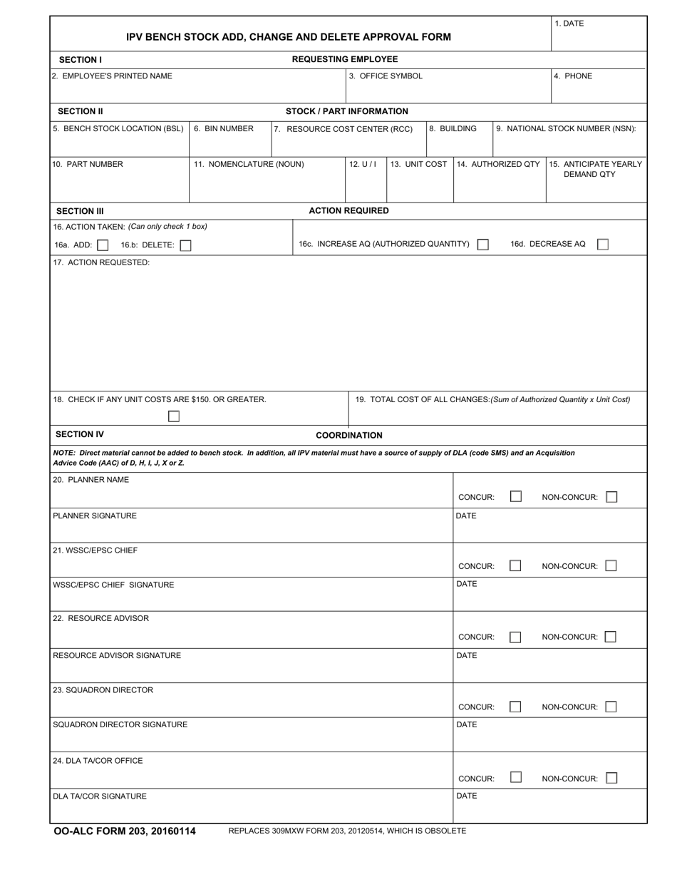 OO-ALC Form 203 Ipv Bench Stock Add, Change and Delete Approval Form, Page 1