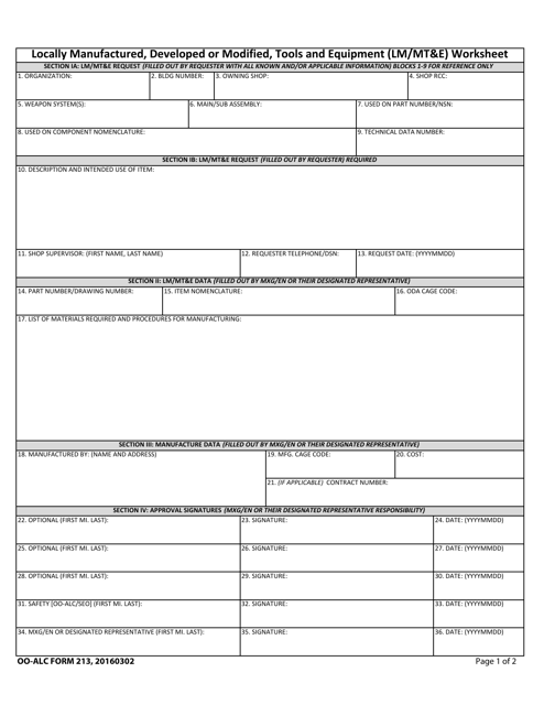 OO-ALC Form 213 Locally Manufactured, Developed or Modified, Tools and Equipment (Lm/Mt&e) Worksheet