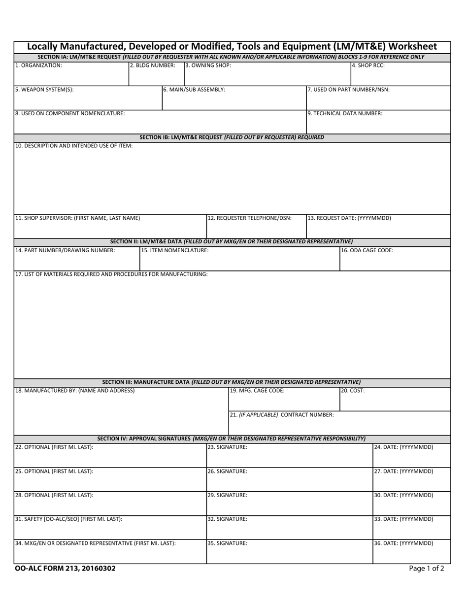 OO-ALC Form 213 Locally Manufactured, Developed or Modified, Tools and Equipment (Lm / Mte) Worksheet, Page 1