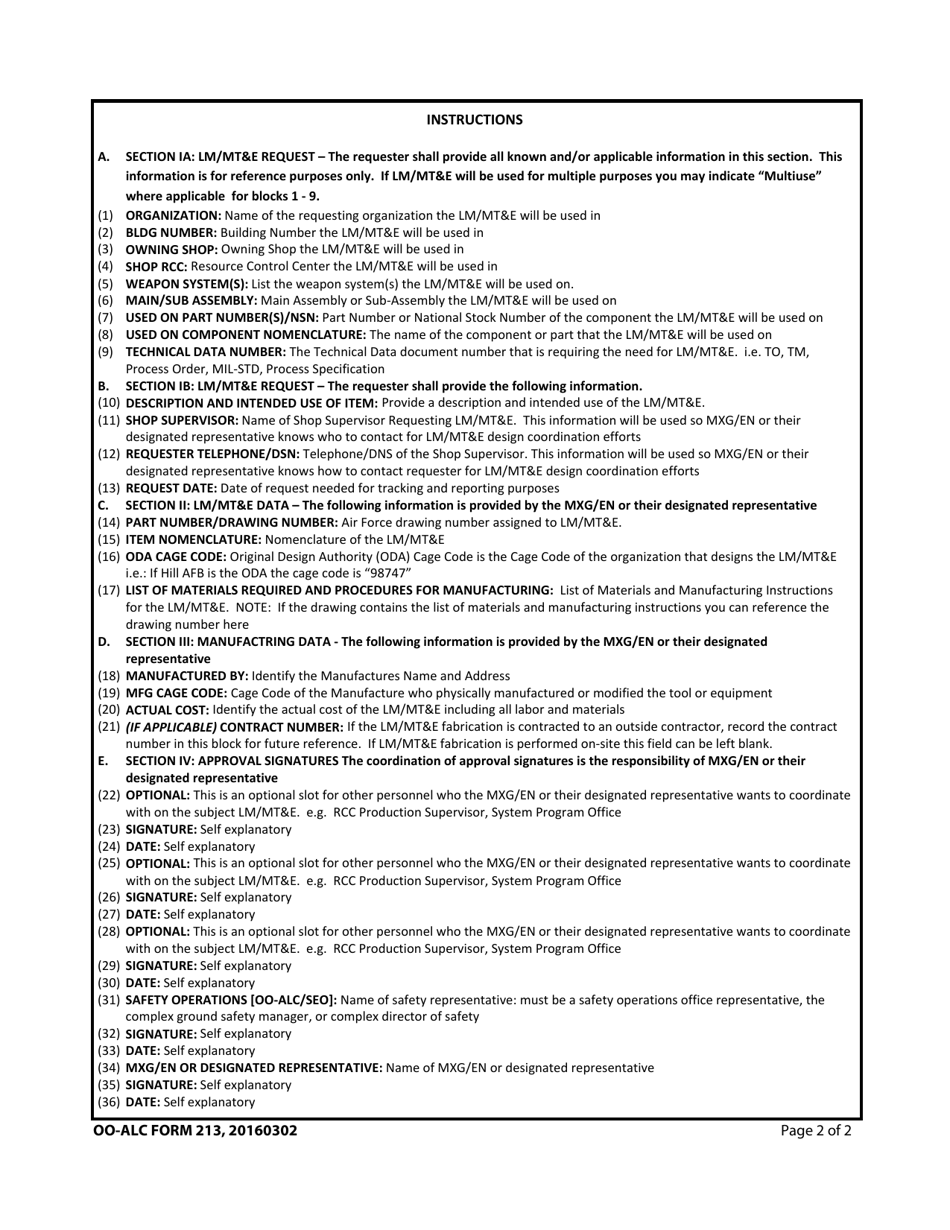 OO-ALC Form 213 Locally Manufactured, Developed or Modified, Tools and Equipment (Lm / Mte) Worksheet, Page 2
