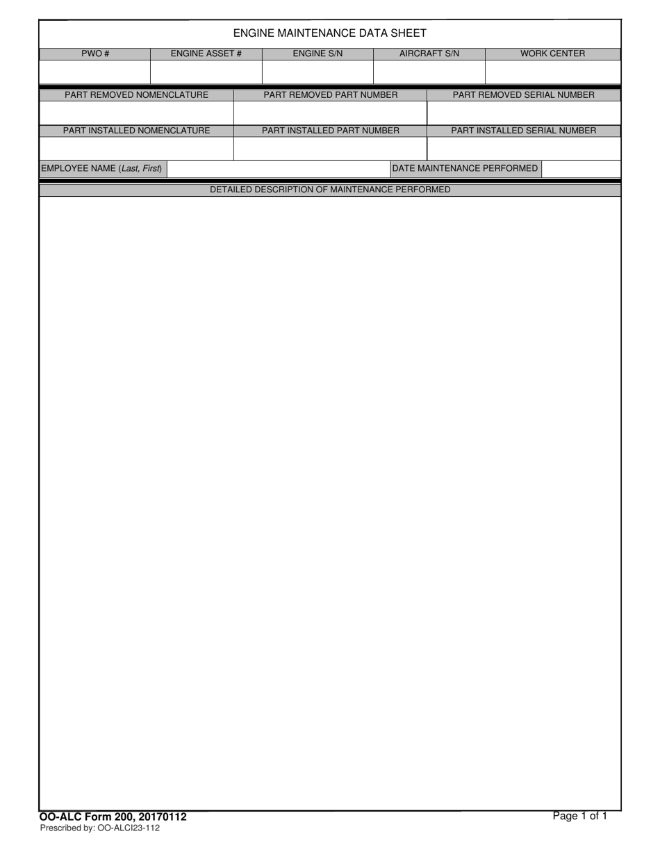 OO-ALC Form 200 Engine Maintenance Data Sheet, Page 1