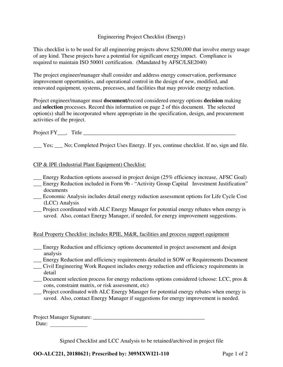 OO-ALC Form 221 Engineering Project Checklist (Energy), Page 1