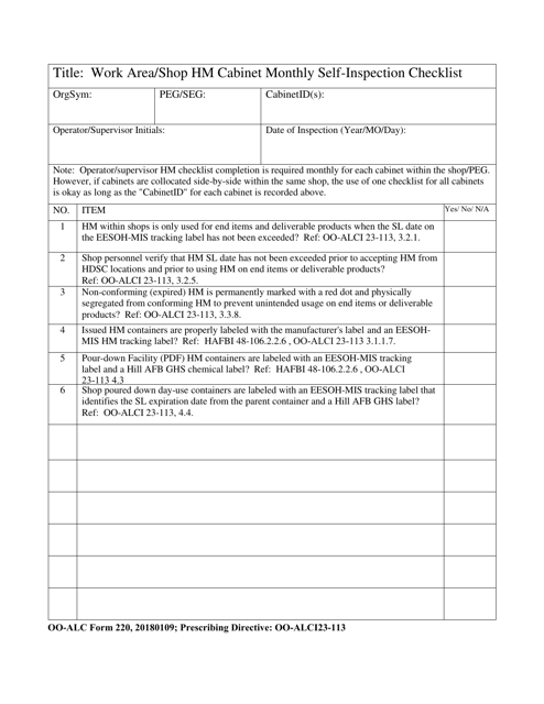 OO-ALC Form 220 Work Area/Shop HM Cabinet Monthly Self-inspection Checklist